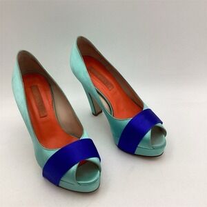 D.LACQUANIT Platform Peep Toe Pumps Womens US 5 Teal Blue Colorblock Heel